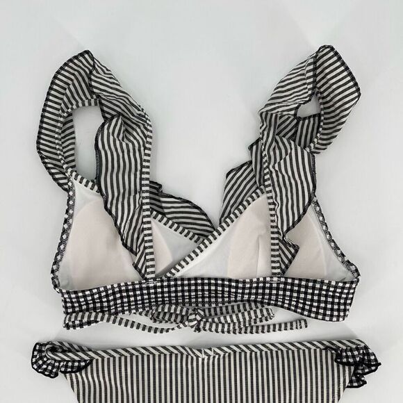Aerie Seersucker Ruffle Wrap Bikini Scoop Top Swimsuit Set XS Black White NWT - Picture 6 of 9